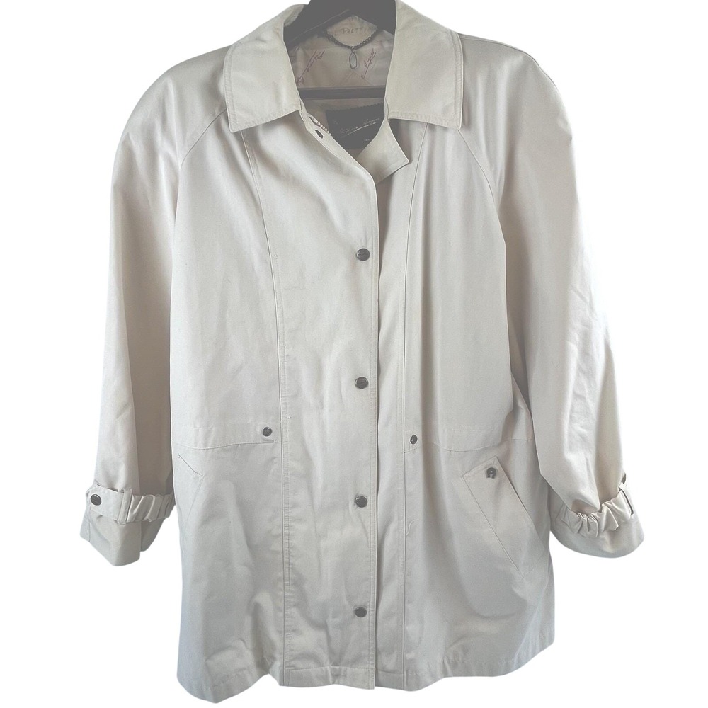 Etienne Aigner Womens 14 VINTAGE Cream Rain Coat Leather Trim Korea FLAW